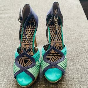 Jessica Simpson Womens 8.5 Teal Navy Peep Toe Platform Stiletto Heels